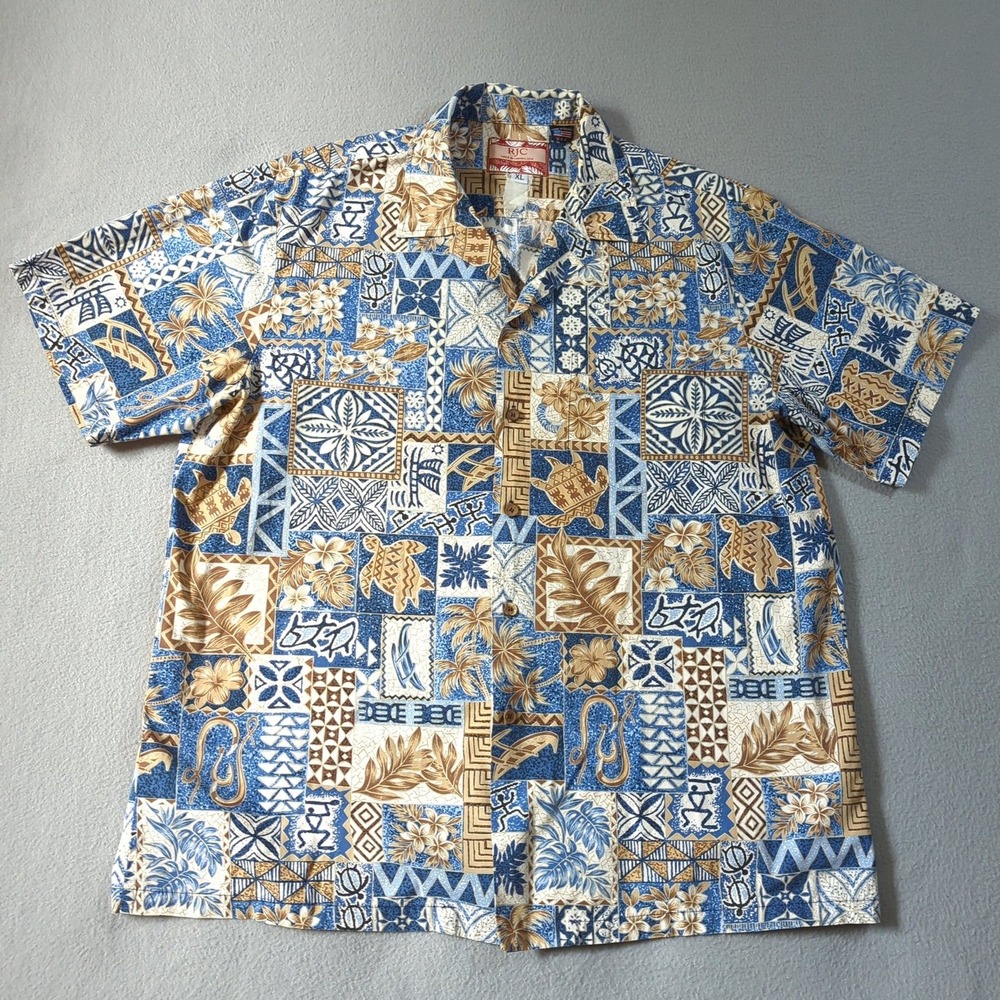 RJC Hawaiian Shirt Mens XL Blue Ancient Warriors Tribal Print Made In Hawaii USA - Picture 2 of 6